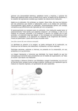 19 - 22
generar una personalidad distintiva, establecer tonos y maneras, y generar las
bases para aspectos tales como el diseño de la marca, el diseño de los ambientes o
la creación de expresiones verbales que resalten los valores de la institución.
Apple es un ordenador. Sin embargo, su creador, Steve Jobs, dice que sus botones
son tan atractivos que tientan a saborearlos como si se tratase de caramelos.
Funcionalmente sigue siendo un ordenador, emocionalmente genera una ventaja
competitiva que difícilmente sea replicable por otro competidor.
El posicionamiento es necesario pero no suficiente. Una institución puede tener el
posicionamiento “más bonito que podamos imaginar”, sin embargo, si ello no se
traduce en acciones concretas, si el producto o servicio no cumple con lo que
promete, si la atención deja que desear, si los mensajes son contradictorios entre
alumnos y empleados, si la operación no responde a las exigencias del sistema,
mucho se podrá decir y poco será lo que se pueda creer.
Las dos caras de una misma moneda
La identidad es anterior a la imagen, es parte intrínseca de la institución, se
construye con la historia, las tradiciones, el presente y el futuro aspirado.
Participan personas, externas e internas; se presenta en la corporación, en sus
productos y en sus servicios.
La imagen representa y comunica esa identidad. Su mayor desafío es que los
conceptos que transmite sean consistentes con el modelo de organización y la “idea
en acción” que hacen a la institución.
Lleva tiempo y esfuerzo construir una identidad e imagen consistentes, se ve la luz
al final del túnel, aunque nunca se llega a destino. Construye una reputación que se
traduce en mayores ingresos y en generación de valor sostenible.
Tiempo
Esfuerzo
Identidad
e Imagen
Estado
Gobierno
Instituciones
Personas
Corporaciones
Negocios
Productos
Información
Tecnología
Conocimiento
Historia Estereotipos Eventos
Cultura
Cuadro 9 - Detalles para la construcción de marcas
 
