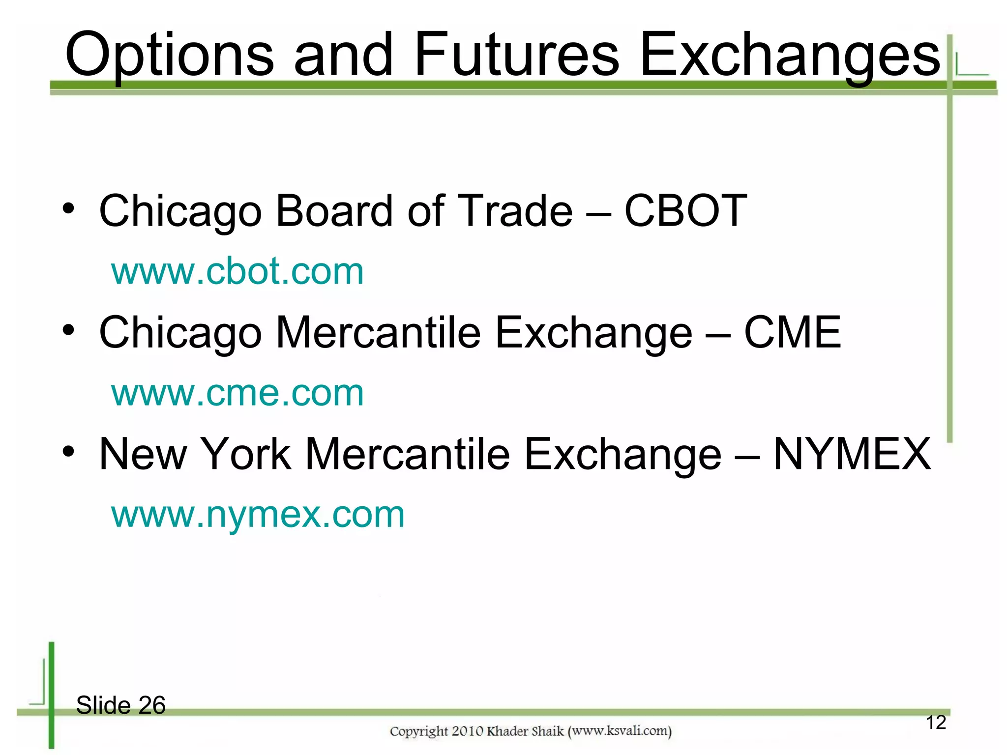Options and Futures Exchanges

• Chicago Board of Trade – CBOT
   www.cbot.com
• Chicago Mercantile Exchange – CME
   www.cme.com
• New York Mercantile Exchange – NYMEX
   www.nymex.com



Slide 26
                                      12
 