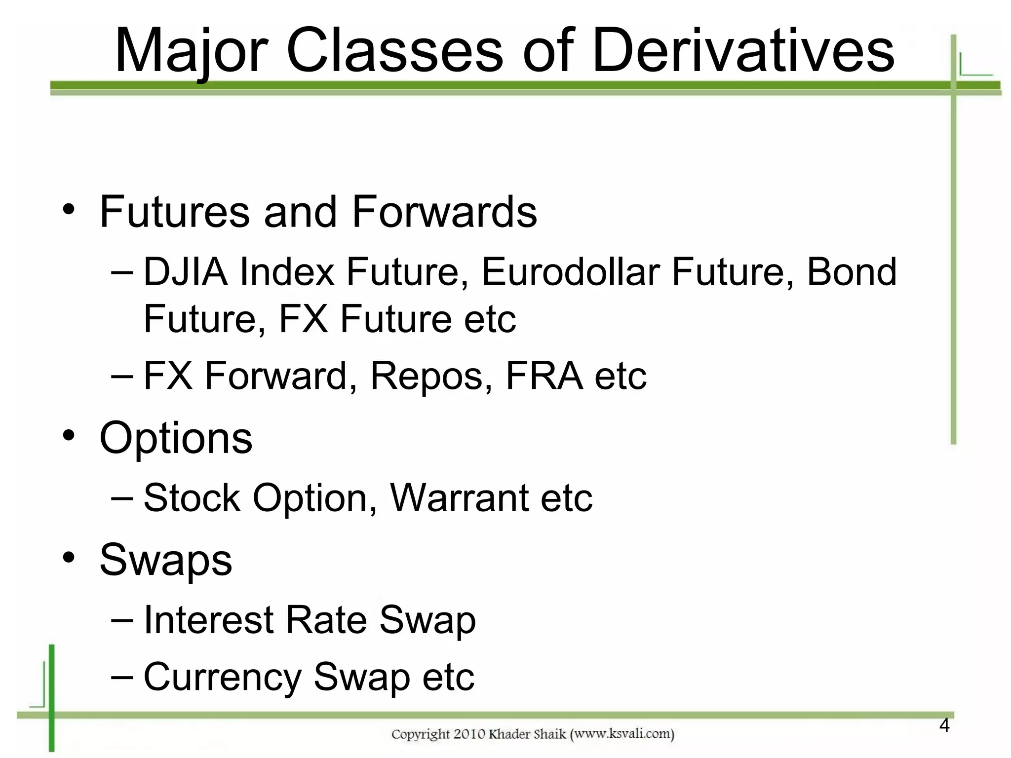 Major Classes of Derivatives

• Futures and Forwards
  – DJIA Index Future, Eurodollar Future, Bond
    Future, FX Future etc
  – FX Forward, Repos, FRA etc
• Options
  – Stock Option, Warrant etc
• Swaps
  – Interest Rate Swap
  – Currency Swap etc
                                                 4
 