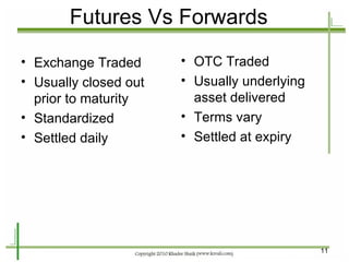 Futures Vs Forwards Exchange Traded Usually closed out prior to maturity Standardized Settled daily OTC Traded Usually underlying asset delivered Terms vary Settled at expiry 