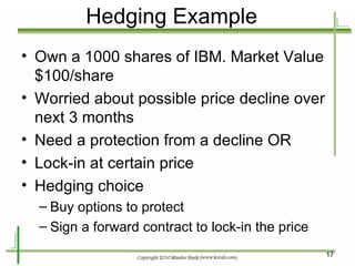 Hedging Example Own a 1000 shares of IBM. Market Value $100/share Worried about possible price decline over next 3 months Need a protection from a decline OR Lock-in at certain price Hedging choice Buy options to protect Sign a forward contract to lock-in the price 