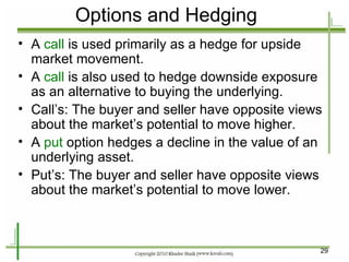 Options and Hedging   A  call  is used primarily as a hedge for upside market movement. A  call  is also used to hedge downside exposure as an alternative to buying the underlying. Call’s: The buyer and seller have opposite views about the market’s potential to move higher. A  put  option hedges a decline in the value of an underlying asset. Put’s: The buyer and seller have opposite views about the market’s potential to move lower. 