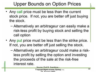 Upper Bounds on Option Prices Any  call  price must be less than the current stock price.  If not, you are better off just buying the stock. Alternatively an arbitrageur can easily make a risk-less profit by buying stock and selling the call option Any  put  price must be less than the strike price.  If not, you are better off just selling the stock. Alternatively an arbitrageur could make a risk-less profit by selling the option and investing the proceeds of the sale at the risk-free interest rate. Source: Prof R. Sverdlove - Financial Mgmt course, Spring '04, Rutgers MBA 