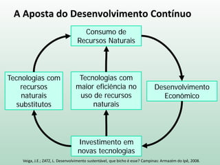 A Aposta do Desenvolvimento Contínuo
Consumo de
Recursos Naturais
Desenvolvimento
Econômico
Investimento em
novas tecnologias
Tecnologias com
recursos
naturais
substitutos
Tecnologias com
maior eficiência no
uso de recursos
naturais
Veiga, J.E.; ZATZ, L. Desenvolvimento sustentável, que bicho é esse? Campinas: Armazém do Ipê, 2008.
 