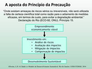 A aposta do Princípio da Precaução
Empreendimento
economicamente viável
Investimento em:
• Análise de riscos
• Avaliação dos impactos
• Mitigação de impactos
• Compensação de impactos
Desenvolvimento Sustentável
Oliveira, L.D. A Cidade e o Modelo de Desenvolvimento Sustentável. Rio de Janeiro: UERJ/CEDERJ. 2016
“Onde existam ameaças de riscos sérios ou irreversíveis, não será utilizada
a falta de certeza científica total como razão para o adiamento de medidas
eficazes, em termos de custo, para evitar a degradação ambiental.”
Declaração do Rio (ECO-92, ONU). Princípio 15.
 
