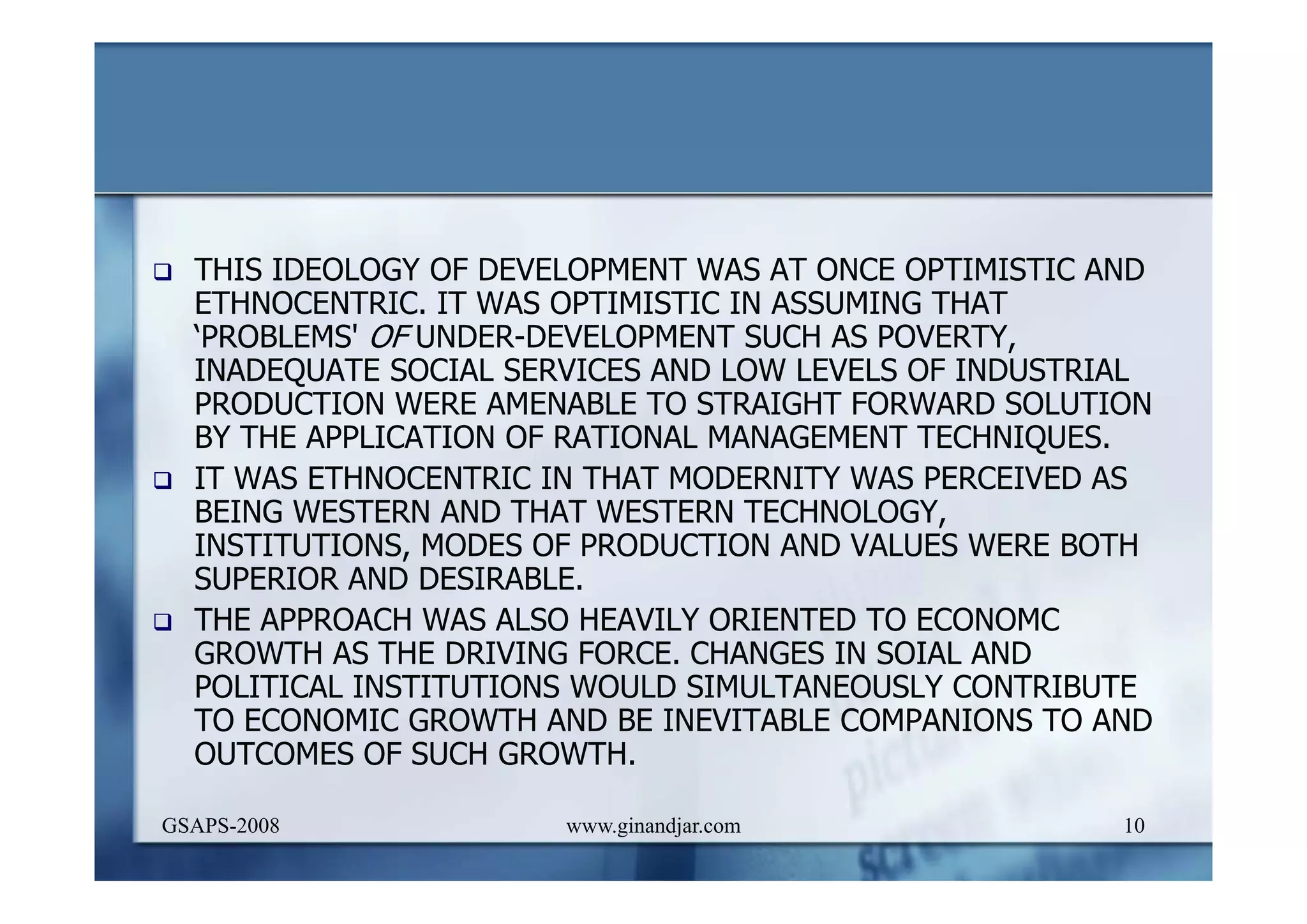 DEVELOPMENT AND ADMINISTRATION (I)