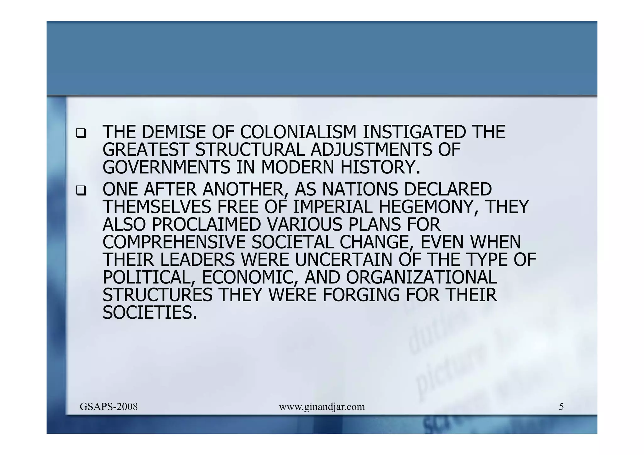 DEVELOPMENT AND ADMINISTRATION (I)