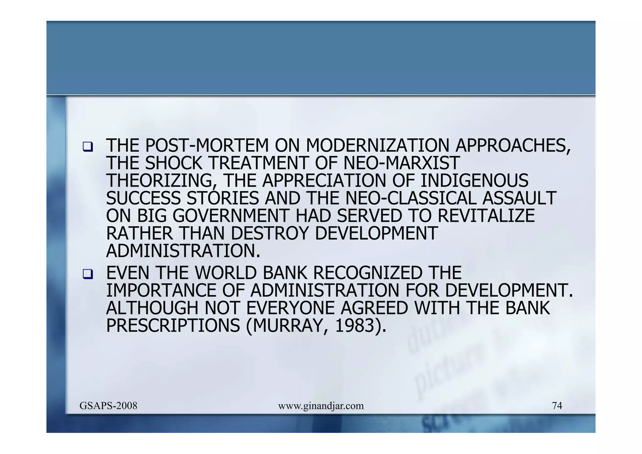 DEVELOPMENT AND ADMINISTRATION (I)