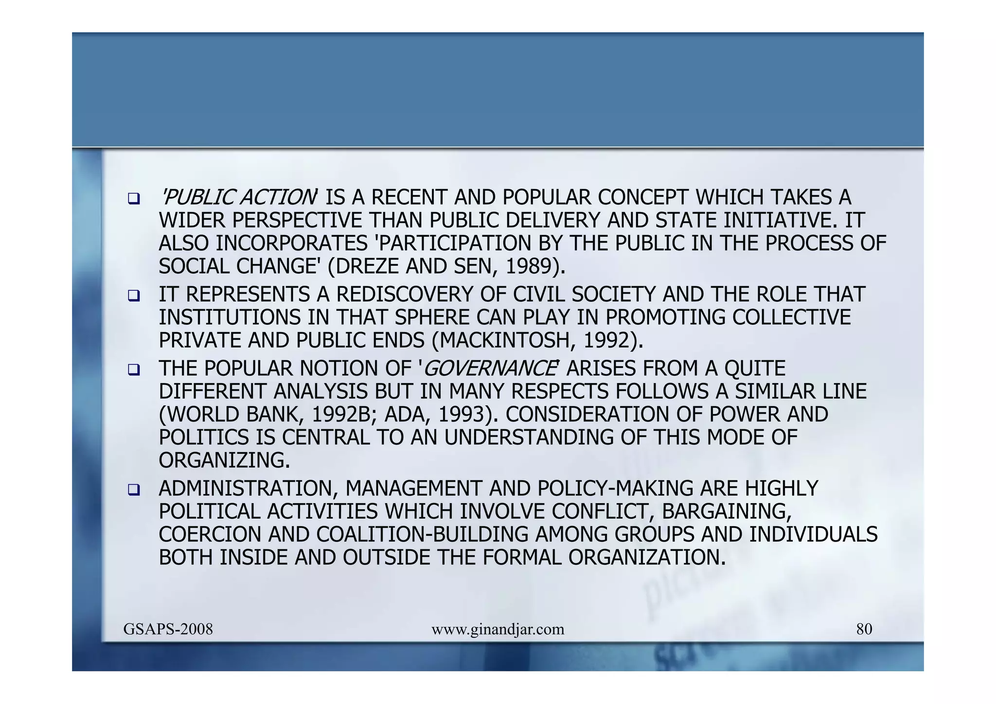 DEVELOPMENT AND ADMINISTRATION (I)