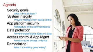 Agenda
  Security goals
      What is this all about?
  System integrity
       Prevent malware from taking control
  App ...