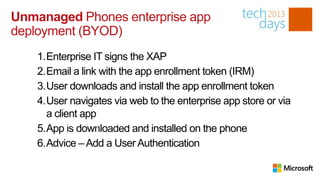 Unmanaged Phones enterprise app
deployment (BYOD)
    1.Enterprise IT signs the XAP
    2.Email a link with the app enroll...