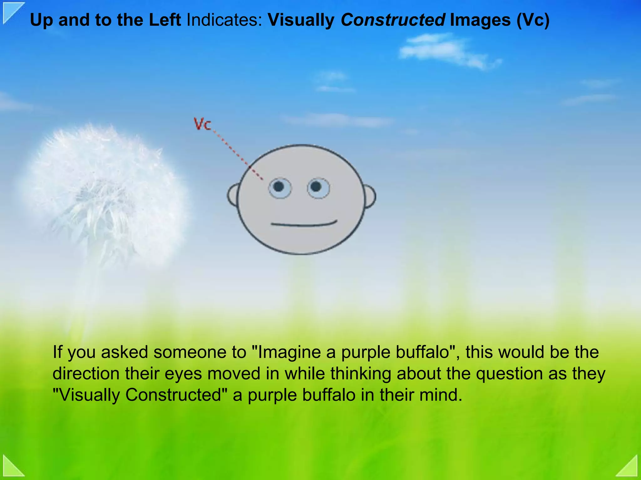 Up and to the Left Indicates: Visually Constructed Images (Vc)




  If you asked someone to "Imagine a purple buffalo", this would be the
  direction their eyes moved in while thinking about the question as they
  "Visually Constructed" a purple buffalo in their mind.
 