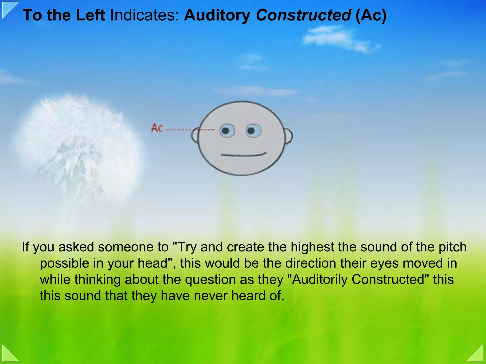 To the Left Indicates: Auditory Constructed (Ac)




If you asked someone to "Try and create the highest the sound of the pitch
    possible in your head", this would be the direction their eyes moved in
    while thinking about the question as they "Auditorily Constructed" this
    this sound that they have never heard of.
 