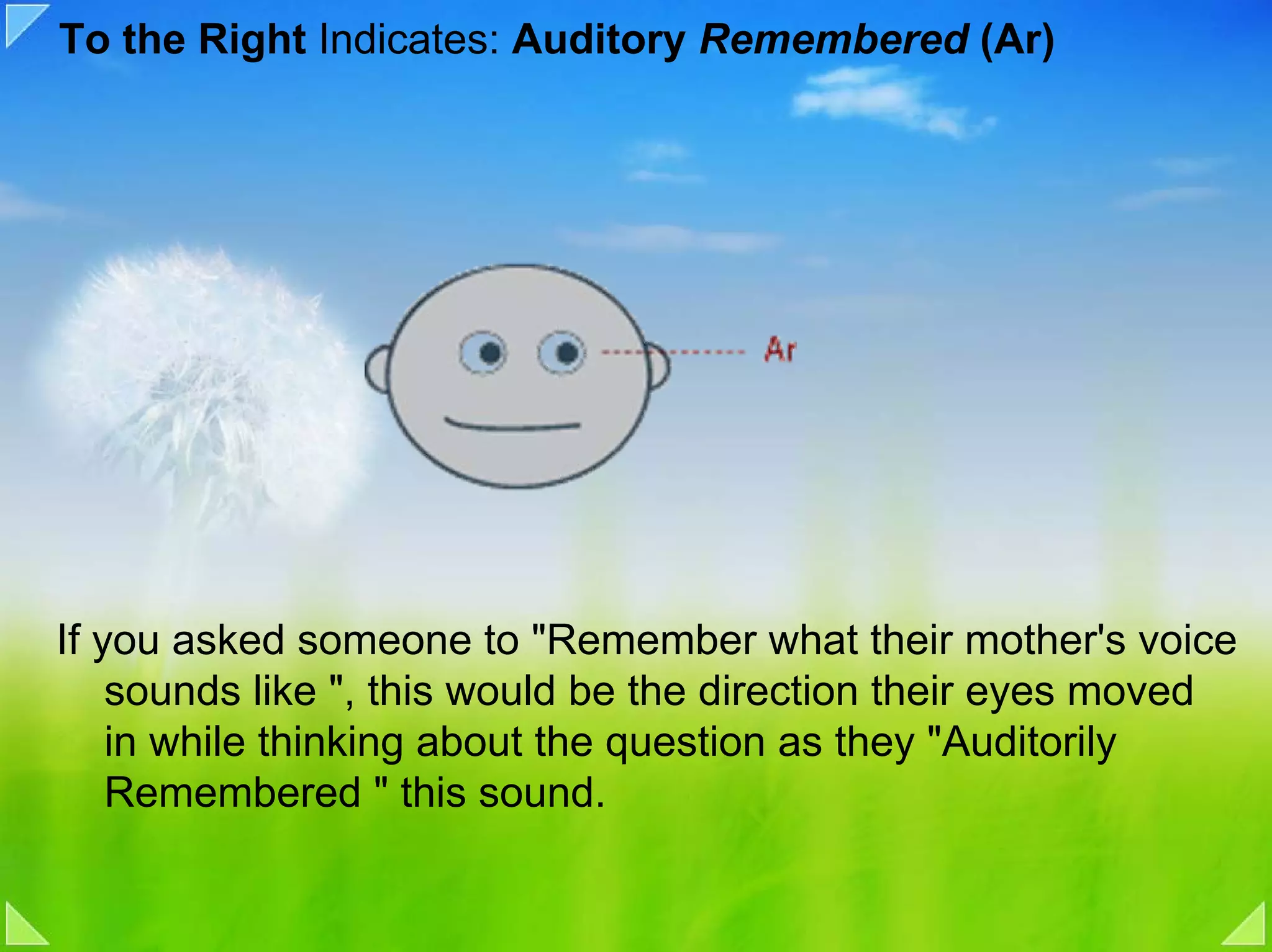 To the Right Indicates: Auditory Remembered (Ar)




If you asked someone to "Remember what their mother's voice
    sounds like ", this would be the direction their eyes moved
    in while thinking about the question as they "Auditorily
    Remembered " this sound.
 