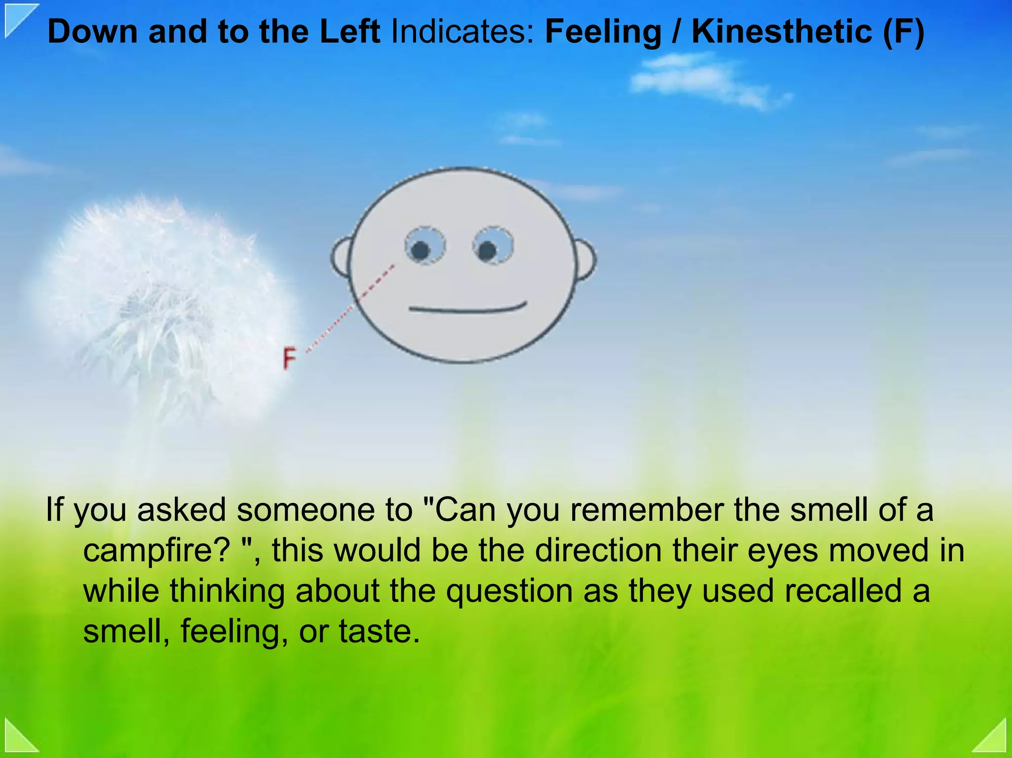 Down and to the Left Indicates: Feeling / Kinesthetic (F)




If you asked someone to "Can you remember the smell of a
    campfire? ", this would be the direction their eyes moved in
    while thinking about the question as they used recalled a
    smell, feeling, or taste.
 