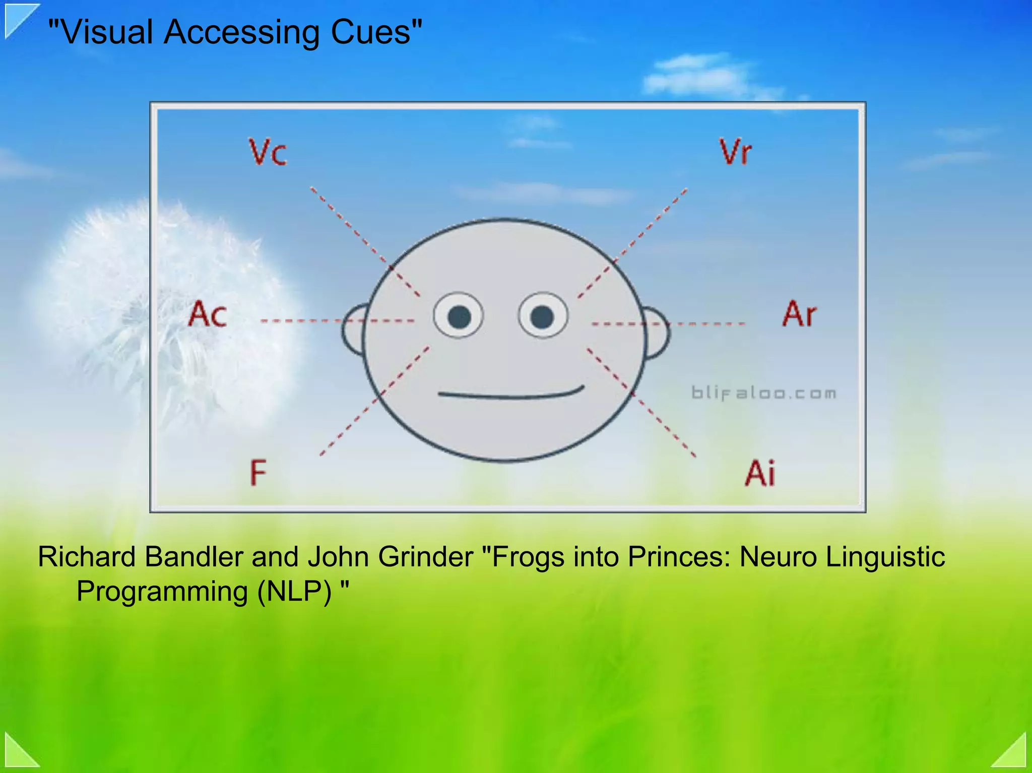 "Visual Accessing Cues"




Richard Bandler and John Grinder "Frogs into Princes: Neuro Linguistic
   Programming (NLP) "
 
