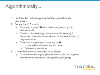 1. Let S be the cartesian product of the sets of branch
instructions
2. For each s ∈ S = (a, b, c, …)
a. Construct a graph G with vertex set given by the
elements of s
b. Create a directed edge from vertex i to vertex j if
instruction i crashes under the architecture for which j
originates from
c. Check for a topological ordering on G
i. If one exists, return it, we are done
ii. Otherwise, continue
3. If no ordering exists, we need to be clever
a. Consider multi-stage payloads which split the targeted
architectures into more manageable groupings
Algorithmically…
 