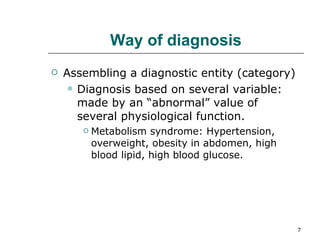Way of diagnosis Assembling a diagnostic entity (category) Diagnosis based on several variable: made by an “abnormal” value of several physiological function. Metabolism syndrome: Hypertension, overweight, obesity in abdomen, high blood lipid, high blood glucose.  