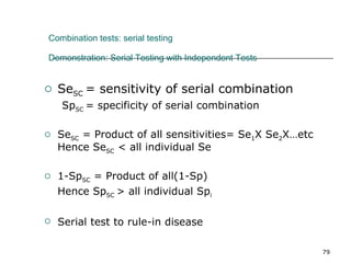Combination tests: serial testing   Demonstration: Serial Testing with Independent Tests Se SC  = sensitivity of serial combination Sp SC  = specificity of serial combination Se SC  = Product of all sensitivities= Se 1 X Se 2 X…etc Hence Se SC  < all individual Se 1-Sp SC  = Product of all(1-Sp) Hence Sp SC  > all individual Sp i Serial test to rule-in disease 