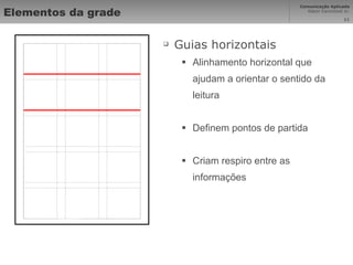Elementos da grade Guias horizontais Alinhamento horizontal que ajudam a orientar o sentido da leitura Definem pontos de partida Criam respiro entre as informações 