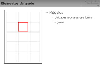 Elementos da grade Módulos Unidades regulares que formam a grade 