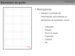 Elementos da grade Marcadores Indicam a posição de informações secundárias ou elementos de repetição, como: Cabeçalho Rodapé Nome de seção Paginação Créditos Etc 