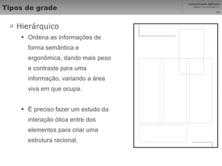 Tipos de grade Hierárquico Ordena as informações de forma semântica e ergonômica, dando mais peso e contraste para uma informação, variando a área viva em que ocupa. É preciso fazer um estudo da interação ótica entre dos elementos para criar uma estrutura racional. 