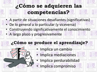 ¿Cómo se adquieren las 
competencias? 
• A partir de situaciones desafiantes (significativas) 
• De lo general a lo particular (y viceversa) 
• Construyendo significativamente el conocimiento 
• A largo plazo y progresivamente 
¿Cómo se produce el aprendizaje? 
• Implica un cambio 
• Implica mediaciones 
• Implica perdurabilidad 
• Implica compromiso 
 