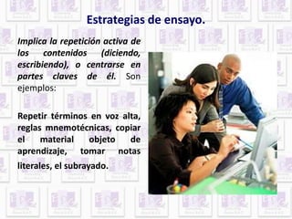 Estrategias de ensayo. 
Implica la repetición activa de 
los contenidos (diciendo, 
escribiendo), o centrarse en 
partes claves de él. Son 
ejemplos: 
Repetir términos en voz alta, 
reglas mnemotécnicas, copiar 
el material objeto de 
aprendizaje, tomar notas 
literales, el subrayado. 
 