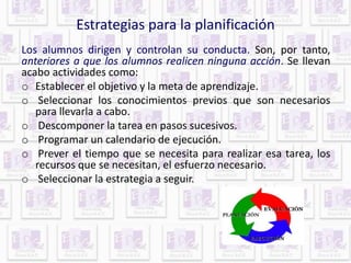 Estrategias para la planificación 
Los alumnos dirigen y controlan su conducta. Son, por tanto, 
anteriores a que los alumnos realicen ninguna acción. Se llevan 
acabo actividades como: 
o Establecer el objetivo y la meta de aprendizaje. 
o Seleccionar los conocimientos previos que son necesarios 
para llevarla a cabo. 
o Descomponer la tarea en pasos sucesivos. 
o Programar un calendario de ejecución. 
o Prever el tiempo que se necesita para realizar esa tarea, los 
recursos que se necesitan, el esfuerzo necesario. 
o Seleccionar la estrategia a seguir. 
 
