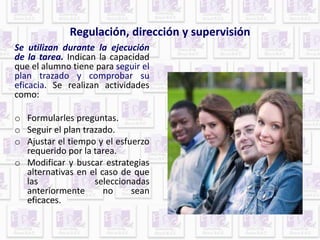 Regulación, dirección y supervisión 
Se utilizan durante la ejecución 
de la tarea. Indican la capacidad 
que el alumno tiene para seguir el 
plan trazado y comprobar su 
eficacia. Se realizan actividades 
como: 
o Formularles preguntas. 
o Seguir el plan trazado. 
o Ajustar el tiempo y el esfuerzo 
requerido por la tarea. 
o Modificar y buscar estrategias 
alternativas en el caso de que 
las seleccionadas 
anteriormente no sean 
eficaces. 
 