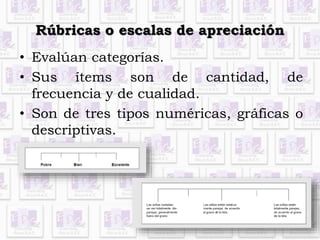 Rúbricas o escalas de apreciación 
• Evalúan categorías. 
• Sus ítems son de cantidad, de 
frecuencia y de cualidad. 
• Son de tres tipos numéricas, gráficas o 
descriptivas. 
 