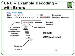 CRC – Example Decoding –
with Errors
 MSG = 1001 1010
 C(x) = x3 + x2 + 1                 = 1101                 Generator
 P(x) = x10 + x7 + x5 + x4 + x2 + 1 = 10010110101          Received Message

           1101     10010110101                      Received
                    1101                             message
  k + 1 bit check    1000           Two bit errors
   sequence c,       1101
  equivalent to a     1011
     degree-k         1101                     Result:
    polynomial         1101
                       1101                    CRC test failed
                             0101


         Remainder
          m mod c
                                                                13
 