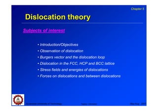 Chapter 5


 Dislocation theory
Subjects of interest


           • Introduction/Objectives
           • Observation of dislocation
           • Burgers vector and the dislocation loop
           • Dislocation in the FCC, HCP and BCC lattice
           • Stress fields and energies of dislocations
           • Forces on dislocations and between dislocations




 Suranaree University of Technology    Tapany Udomphol         May-Aug 2007
 