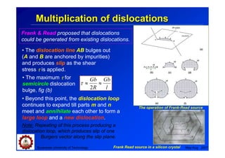 Multiplication of dislocations
Frank & Read proposed that dislocations
could be generated from existing dislocations.

• The dislocation line AB bulges out
(A and B are anchored by impurities)
and produces slip as the shear
stress τ is applied.
• The maximum τ for       Gb Gb
semicircle dislocation τ≈    ≈
bulge, fig (b)
                          2R   l
• Beyond this point, the dislocation loop
continues to expand till parts m and n                    The operation of Frank-Read source
meet and annihilate each other to form a
large loop and a new dislocation.
Note: Repeating of this process producing a
dislocation loop, which produces slip of one
          Burgers vector along the slip plane.

       Suranaree University of Technology   Frank Read source in a silicon crystal   May-Aug 2007
 