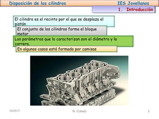 Disposición de los cilindros IES Jovellanos
N. Colado 305/05/17
1. Introducción1. Introducción
El cilindro es el recinto por el que se desplaza el
pistón
El conjunto de los cilindros forma el bloque
motor
Los parámetros que lo caracterizan son el diámetro y la
carrera.
En algunos casos está formado por camisas
 