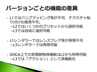    L1ではバンプマッピング等が不可、テクスチャ貼
    り付けも使用不可。
    →L2ではいくつかのプリセットから選択可能
    →L3では自由に選択可能

   L1レンダラーではレンズフレア等が再現不可
    →L3レンダラーでは再現可能

   DOGA上での多関節物体機能はL2から利用可能
    →L3では「アクション」として高機能化
 