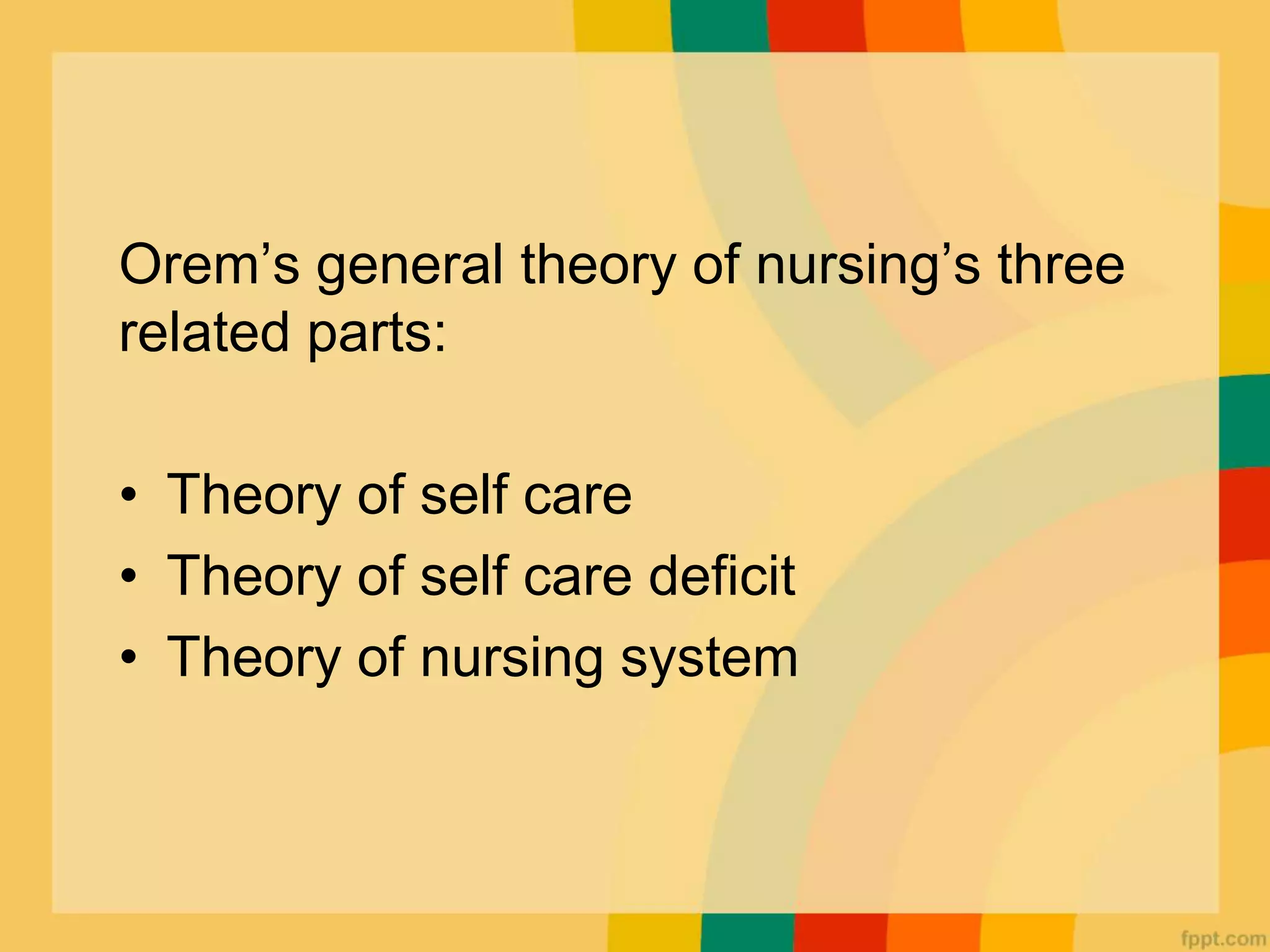 Orem’s general theory of nursing’s three
related parts:
• Theory of self care
• Theory of self care deficit
• Theory of nursing system
 