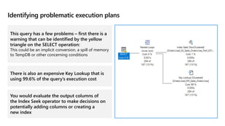 Identifying problematic execution plans
This query has a few problems – first there is a
warning that can be identified by the yellow
triangle on the SELECT operation:
This could be an implicit conversion, a spill of memory
to TempDB or other concerning conditions
There is also an expensive Key Lookup that is
using 99.6% of the query’s execution cost
You would evaluate the output columns of
the Index Seek operator to make decisions on
potentially adding columns or creating a
new index
 