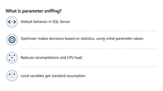 What is parameter sniffing?
Default behavior in SQL Server
Optimizer makes decisions based on statistics, using initial parameter values
Reduces recompilations and CPU load
Local variables get standard assumption
 