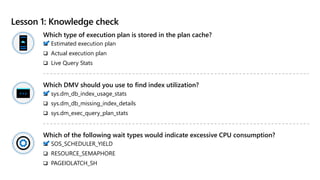 Lesson 1: Knowledge check
Which type of execution plan is stored in the plan cache?
 Estimated execution plan
 Actual execution plan
 Live Query Stats
Which DMV should you use to find index utilization?
 sys.dm_db_index_usage_stats
 sys.dm_db_missing_index_details
 sys.dm_exec_query_plan_stats
Which of the following wait types would indicate excessive CPU consumption?
 SOS_SCHEDULER_YIELD
 RESOURCE_SEMAPHORE
 PAGEIOLATCH_SH
 