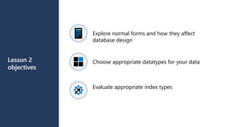 Lesson 2
objectives
Explore normal forms and how they affect
database design
Choose appropriate datatypes for your data
Evaluate appropriate index types
 
