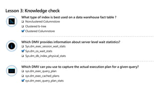 Lesson 3: Knowledge check
What type of index is best used on a data warehouse fact table ?
 Nonclustered Columnstore
 Clustered b-tree
 Clustered Columnstore
Which DMV provides information about server level wait statistics?
 Sys.dm_exec_session_wait_stats
 Sys.dm_os_wait_stats
 Sys.dm_db_index_physical_stats
Which DMV can you use to capture the actual execution plan for a given query?
 sys.dm_exec_query_plan
 sys.dm_exec_cached_plans
 sys.dm_exec_query_plan_stats
 