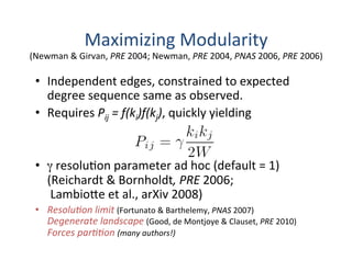 Maximizing	
  Modularity	
  
(Newman	
  &	
  Girvan,	
  PRE	
  2004;	
  Newman,	
  PRE	
  2004,	
  PNAS	
  2006,	
  PRE	
  2006)	
  
•  Independent	
  edges,	
  constrained	
  to	
  expected	
  
degree	
  sequence	
  same	
  as	
  observed.	
  
•  Requires	
  Pij	
  =	
  f(ki)f(kj),	
  quickly	
  yielding	
  
•  γ	
  resolu'on	
  parameter	
  ad	
  hoc	
  (default	
  =	
  1)	
  
(Reichardt	
  &	
  Bornholdt,	
  PRE	
  2006;	
  
	
  Lambio[e	
  et	
  al.,	
  arXiv	
  2008)	
  
•  Resolu0on	
  limit	
  (Fortunato	
  &	
  Barthelemy,	
  PNAS	
  2007)	
  
Degenerate	
  landscape	
  (Good,	
  de	
  Montjoye	
  &	
  Clauset,	
  PRE	
  2010)	
  
Forces	
  par00on	
  (many	
  authors!)	
  
 