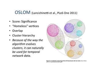 OSLOM	
  (Lancichinez	
  et	
  al.,	
  PLoS	
  One	
  2011)	
  
•  Score:	
  Signiﬁcance	
  
•  “Homeless”	
  ver'ces	
  
•  Overlap	
  
•  Cluster	
  hierarchy	
  
•  Because	
  of	
  the	
  way	
  the	
  
algorithm	
  evolves	
  
clusters,	
  it	
  can	
  naturally	
  
be	
  used	
  for	
  temporal	
  
network	
  data.	
  
 