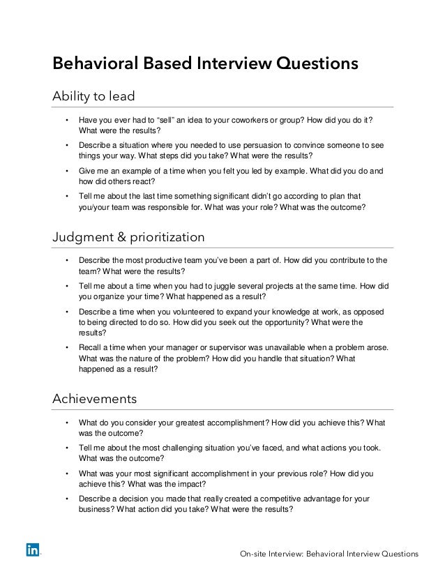 examples of behavioral based interview questions