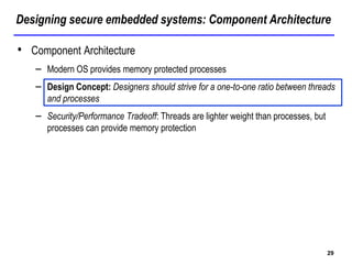 Designing secure embedded systems: Component Architecture
29
• Component Architecture
– Modern OS provides memory protected processes
– Design Concept: Designers should strive for a one-to-one ratio between threads
and processes
– Security/Performance Tradeoff: Threads are lighter weight than processes, but
processes can provide memory protection
 