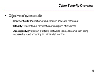 Cyber Security Overview
10
• Objectives of cyber security
– Confidentiality: Prevention of unauthorized access to resources
– Integrity: Prevention of modification or corruption of resources
– Accessibility: Prevention of attacks that would keep a resource from being
accessed or used according to its intended function
 