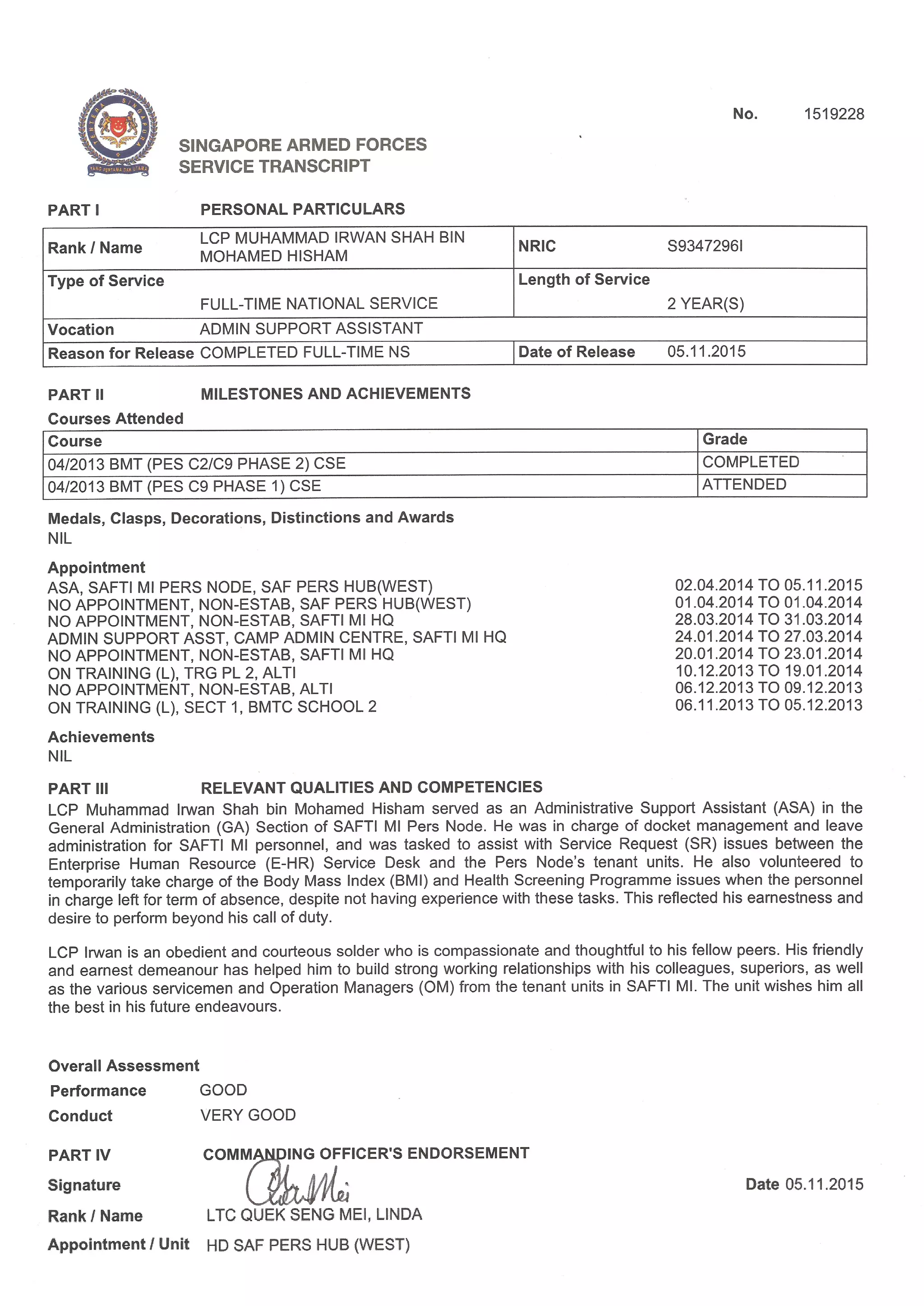 SAF Service Transcript | PDF