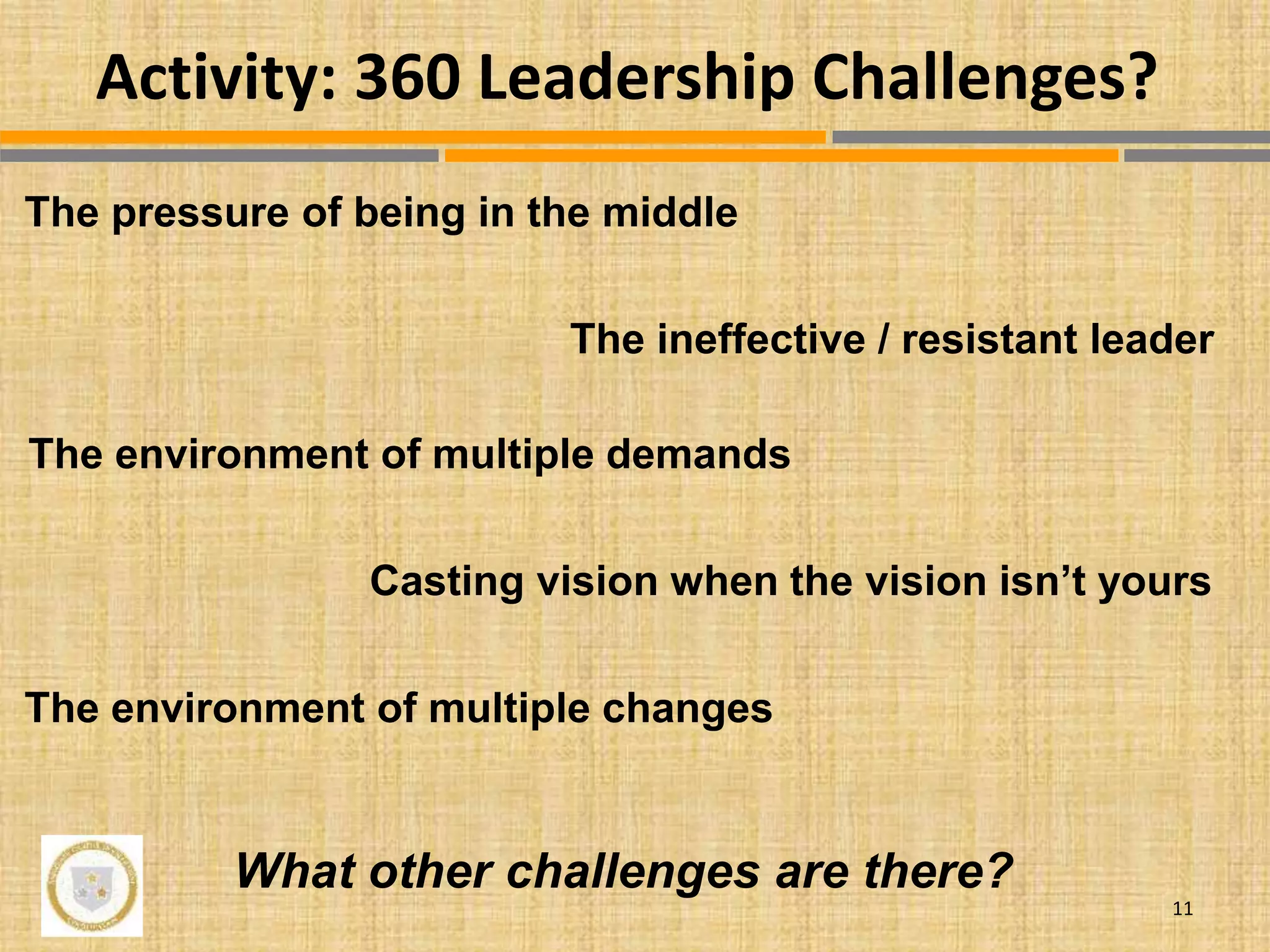 11
Activity: 360 Leadership Challenges?
The ineffective / resistant leader
The environment of multiple changes
The environment of multiple demands
What other challenges are there?
Casting vision when the vision isn’t yours
The pressure of being in the middle
 